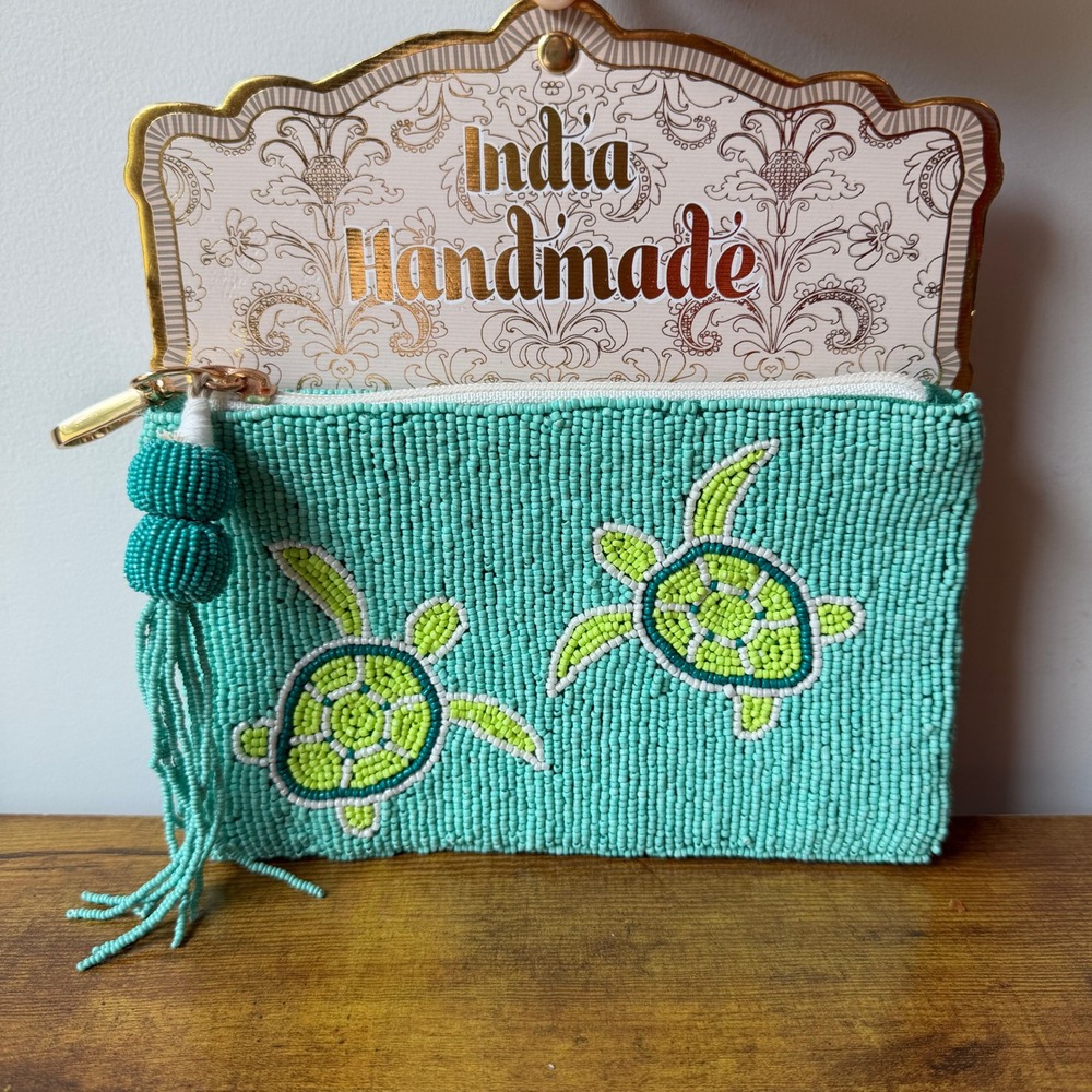 New India Handmade Beaded Ocean Blue Green Sea Turtle Coin Pouch Summer Wallet